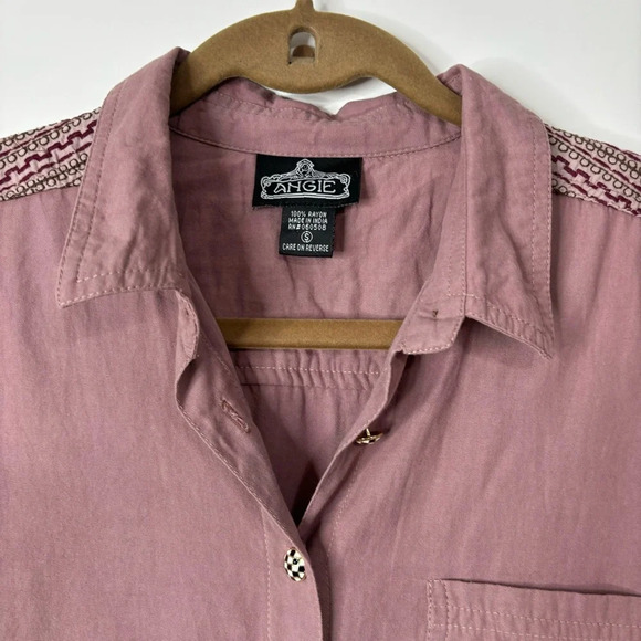 Angie Shirt Women Small Dusty Rose Pink Embroidered Checker Buttons Boho Coastal - Picture 4 of 12